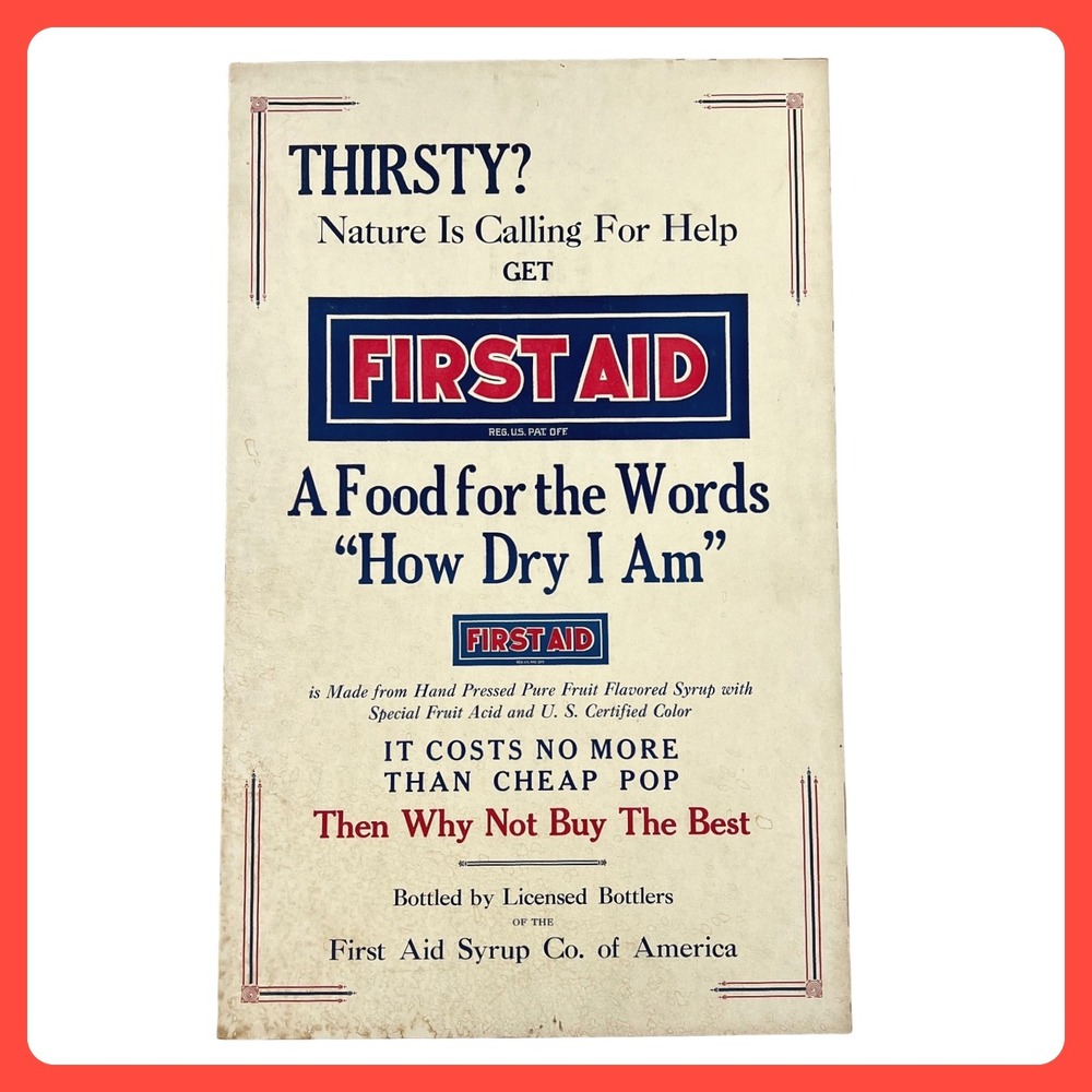 1920s First Aid Soda Advertising Sign • 19" Cardboard Prohibition Era‎ Americana
